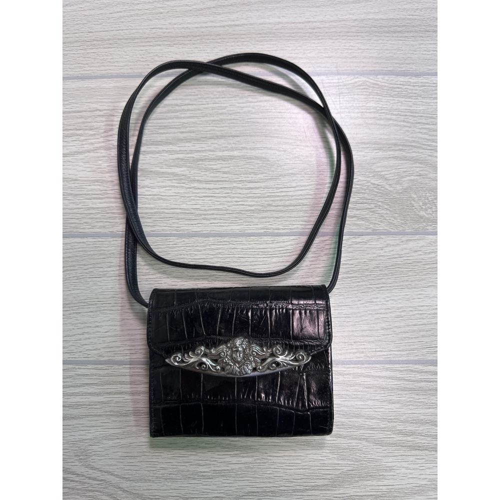Vintage Black Croc Embossed Leather Crossbody Wallet Bag Silver Ornate Hardware